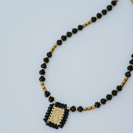 Colar Sagrado Coração - Colar Cristais Facetados Pretos, Hematites e Medalha Aço Inoxidavel